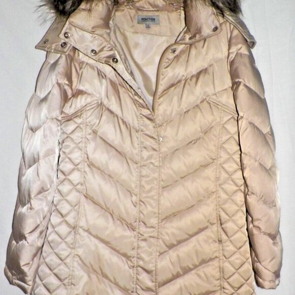 Women's M Reaction Kenneth Cole GIII Down Puffer Coat Satin Champagne Fur Hood - Picture 7 of 14